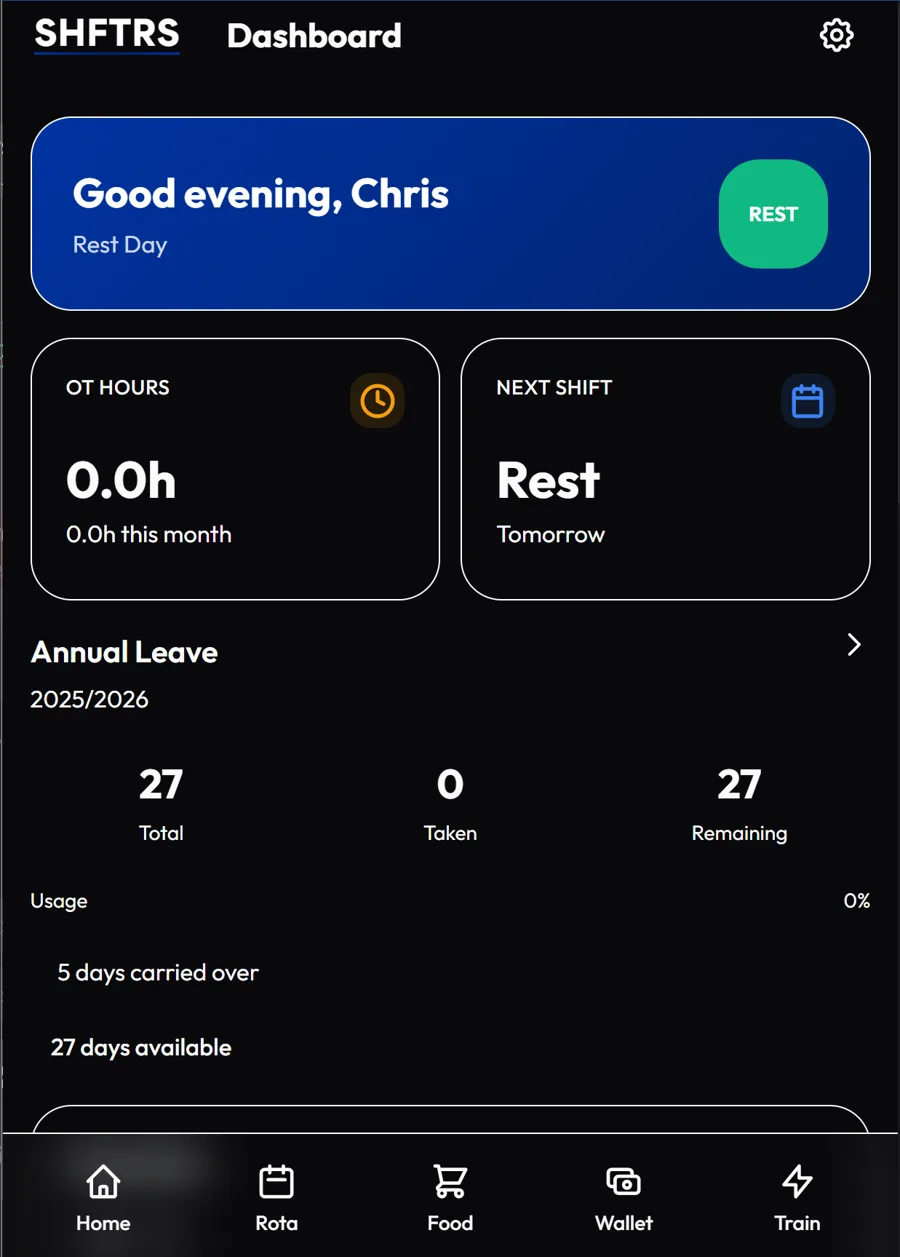 The SHFTRS app dashboard showing hours, next shift and annual leave