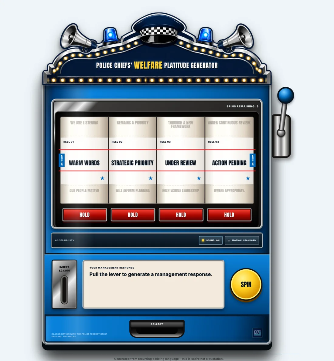 The Police Chiefs' Welfare Platitude Generator, a fruit machine whose reels read Warm words, Strategic priority, Under review, Action pending